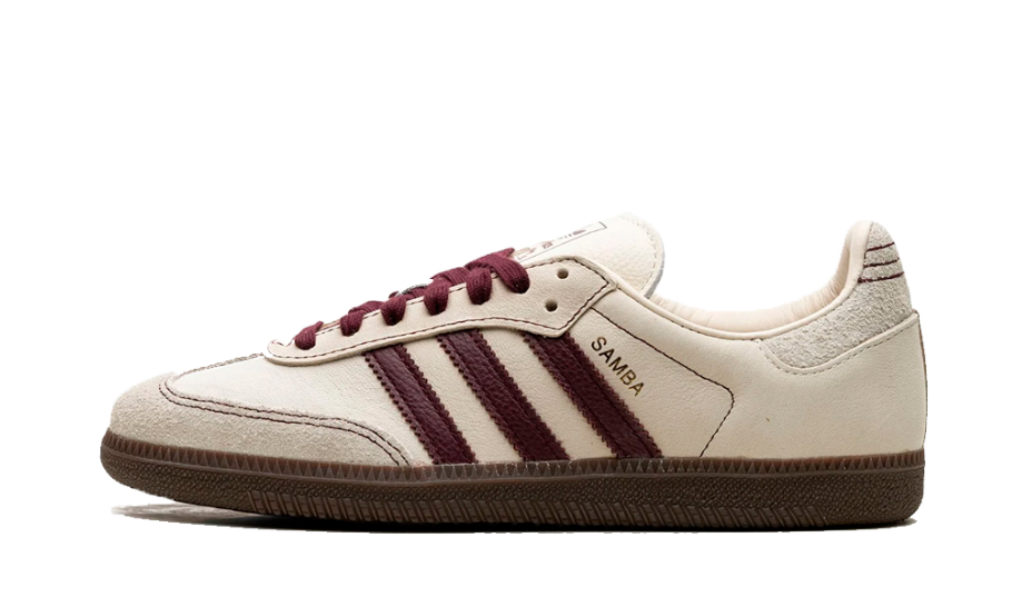 front view of adidas samba wonder white maroon