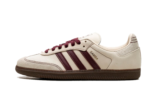 front view of adidas samba wonder white maroon