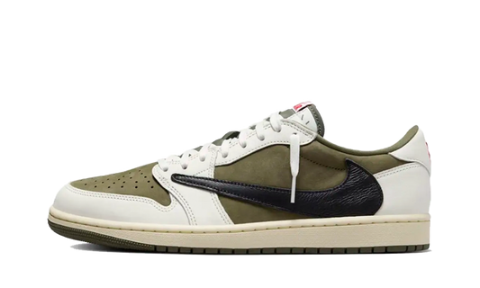 Front side of the jordan 1 low travis scott medium olive