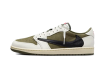 Front side of the jordan 1 low travis scott medium olive