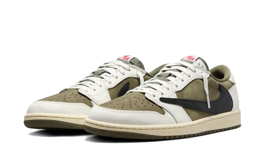 Detail side of the jordan 1 low travis scott medium olive